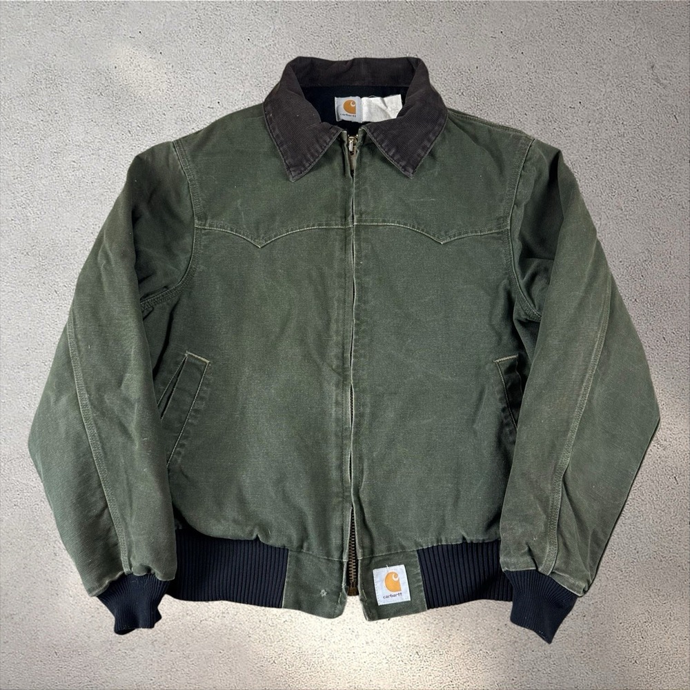Vtg Carhartt J14 HTG Santa Fe Bomber Canvas Western Jacket Hunter Green Sz L